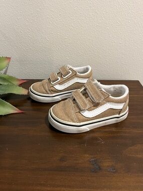 VANS 5.5 Toddler Kids Old Skool Shoes Velcro Slip On Tan Beige Gold